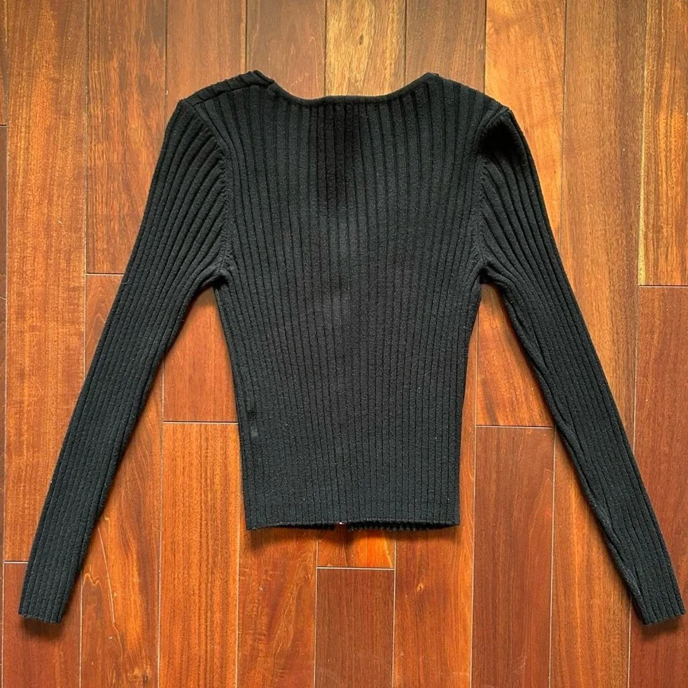 Black Ribbed Button-Down Cardigan - Picture 3 of 3